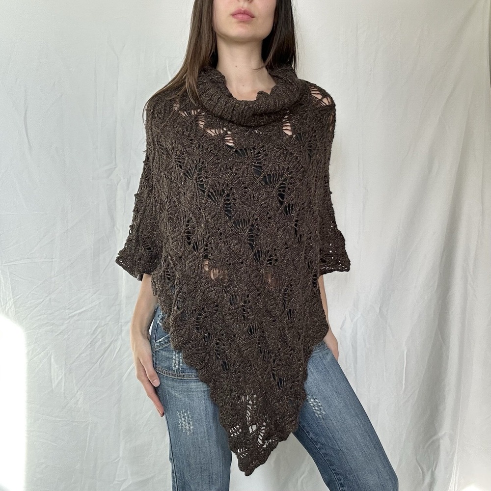 Brown Open Knit Poncho Y2K Boho Fairy Whimsy Festival